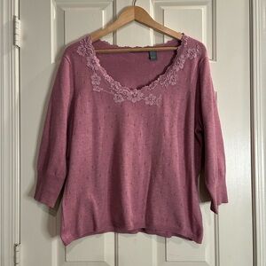 Elegant V-Neck Pink Sweater with Lace Floral Details